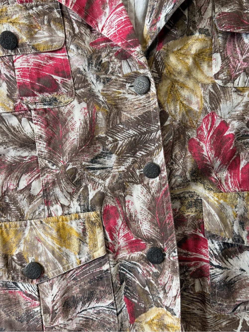 Chico's Multicolor Leaf-Print Jean Jacket — Brown, Red & Yellow - Picture 7 of 16